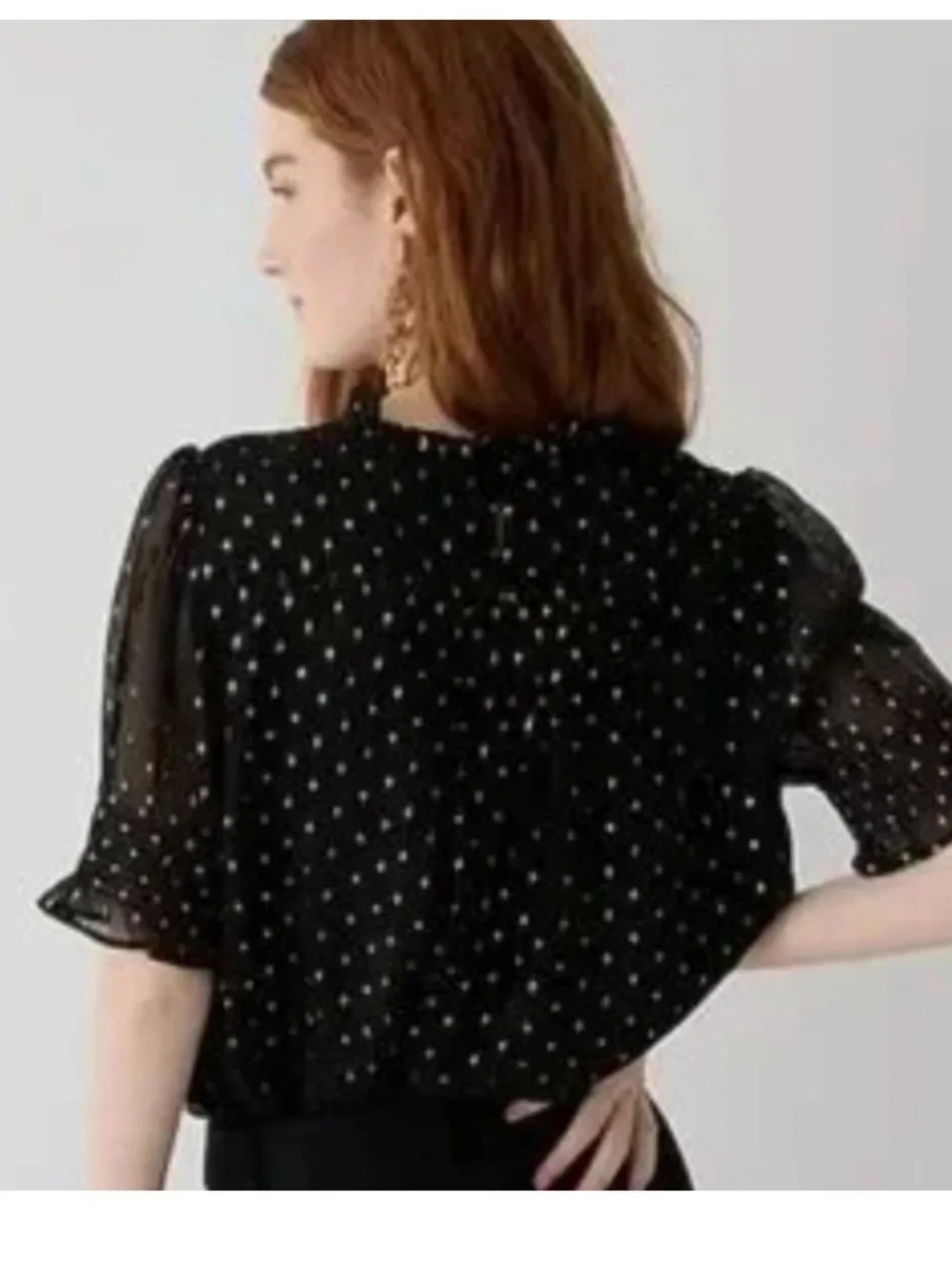 J. Crew Black Gold Dot Sheer Sleeve Blouse Size Medium - Picture 2 of 10
